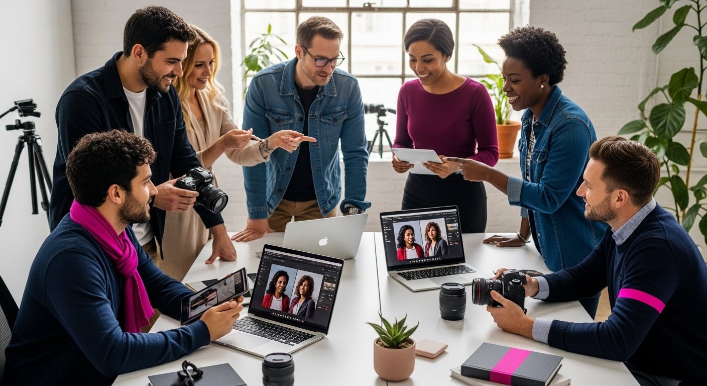 AI photo enhancement, professional editing, creative workspace